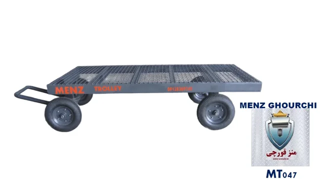 ۳. بارکش ۴ چرخ صنعتی MENZ TROLLEY با لاستیک‌های بادی ۶ لایه و کفی توری مقاوم مدل MT047